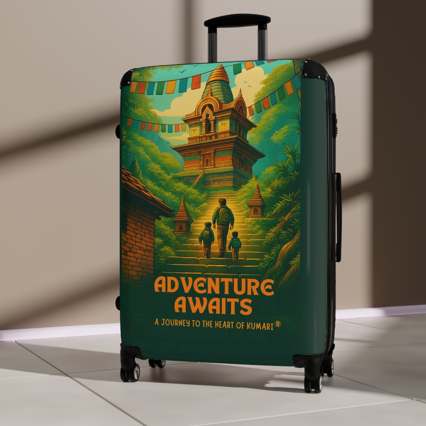 "Adventure Awaits" Suitcase – Kids Exploring the Monkey Temple | Wanderlust-Inspired Luggage for Curious Souls & Family Travelers