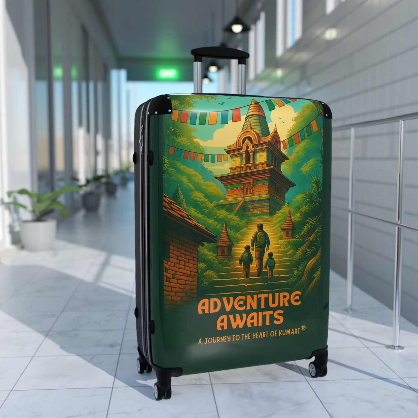 "Adventure Awaits" Suitcase – Kids Exploring the Monkey Temple | Wanderlust-Inspired Luggage for Curious Souls & Family Travelers